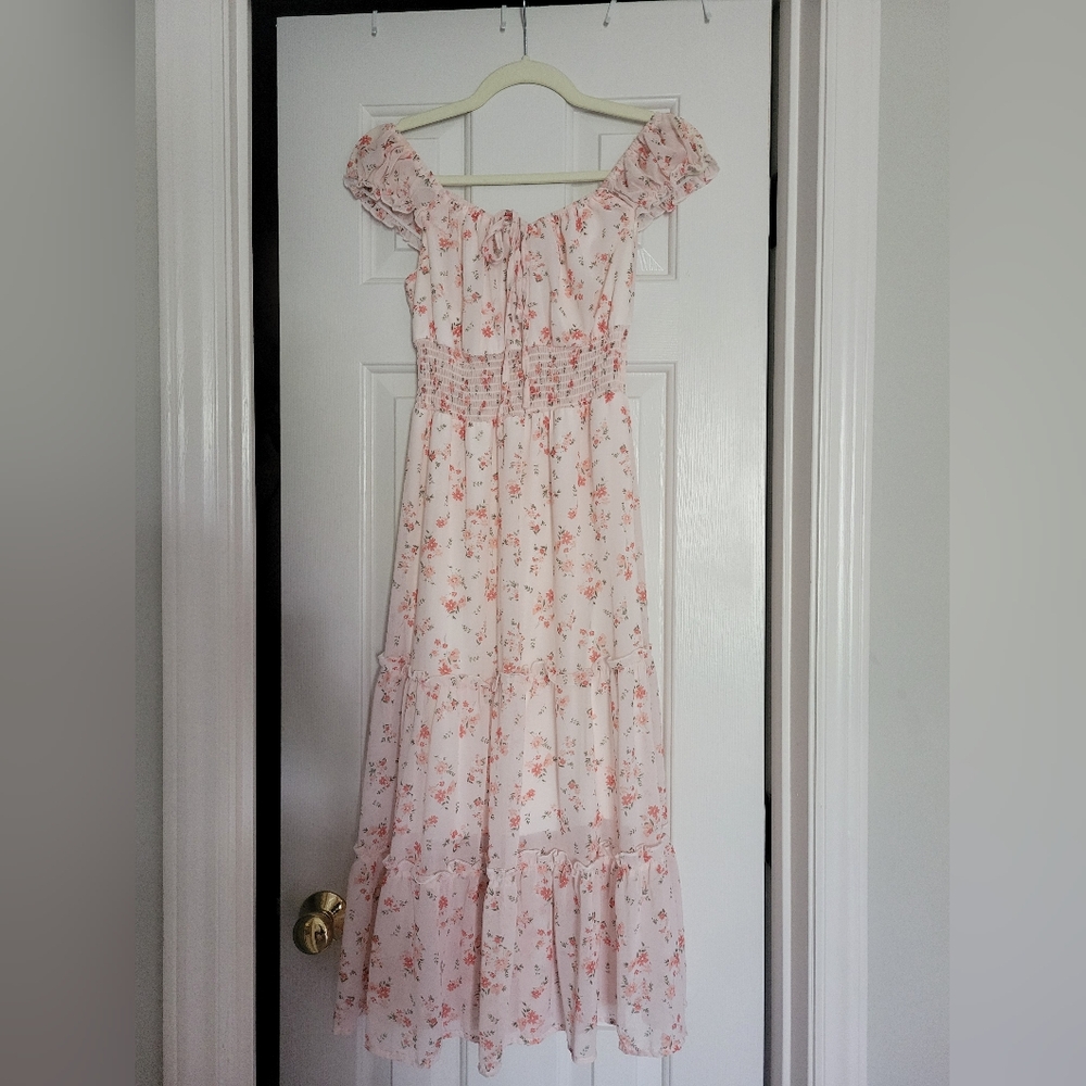 SHEIN Pink Floral Off-Shoulder Midi Dress